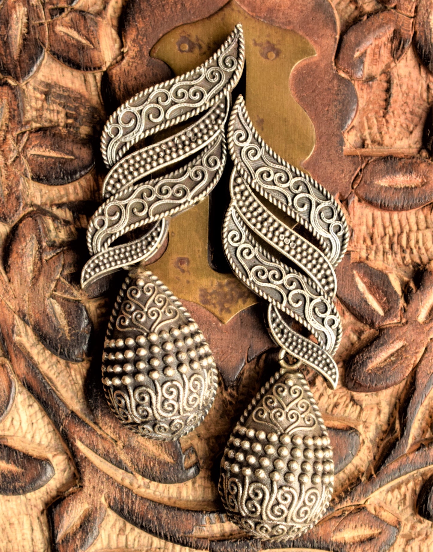Designer German Silver Carved Drop Earring