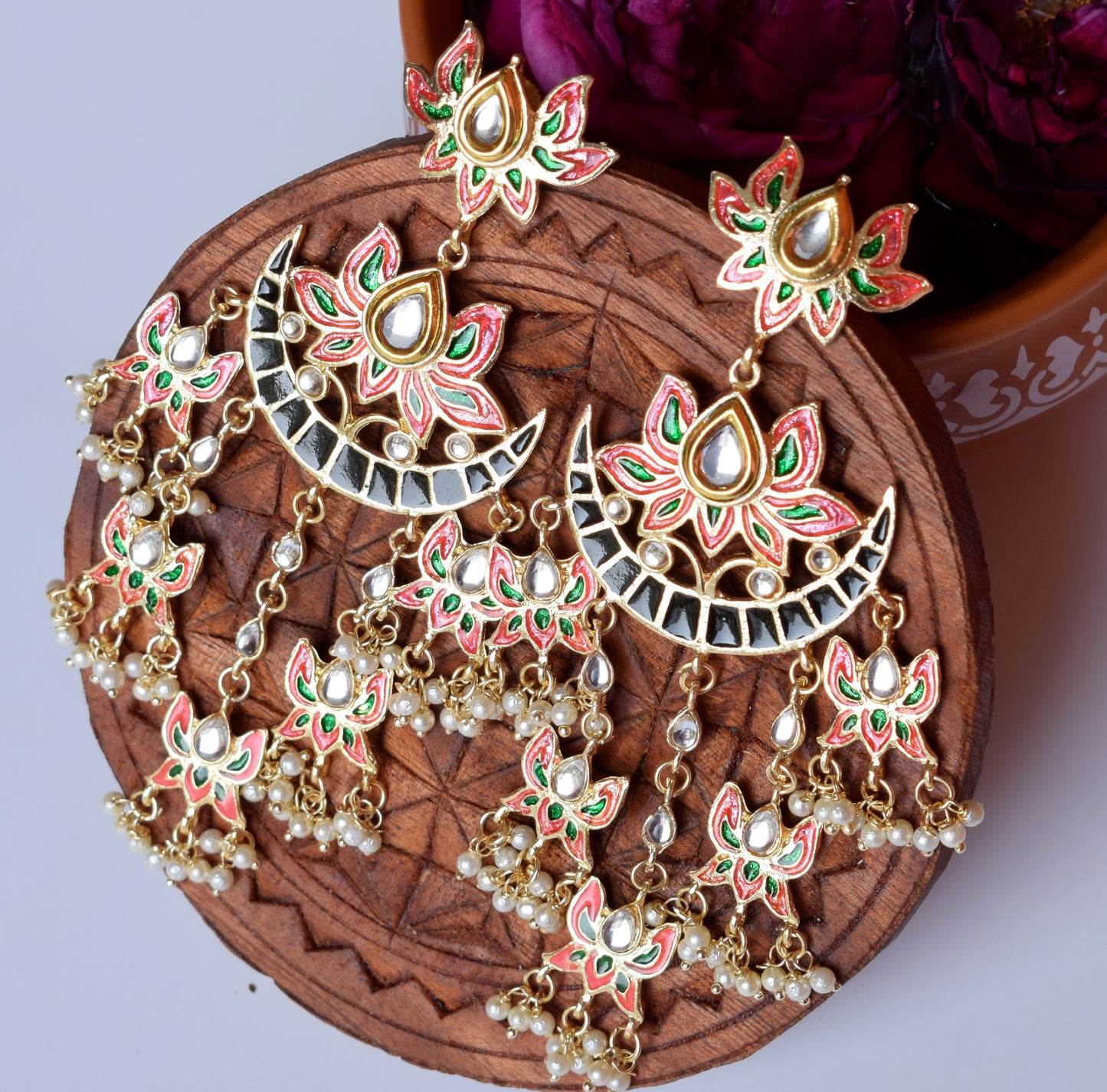 Pink and Black Chandrika Meenakari Lotus Chandbali Earring