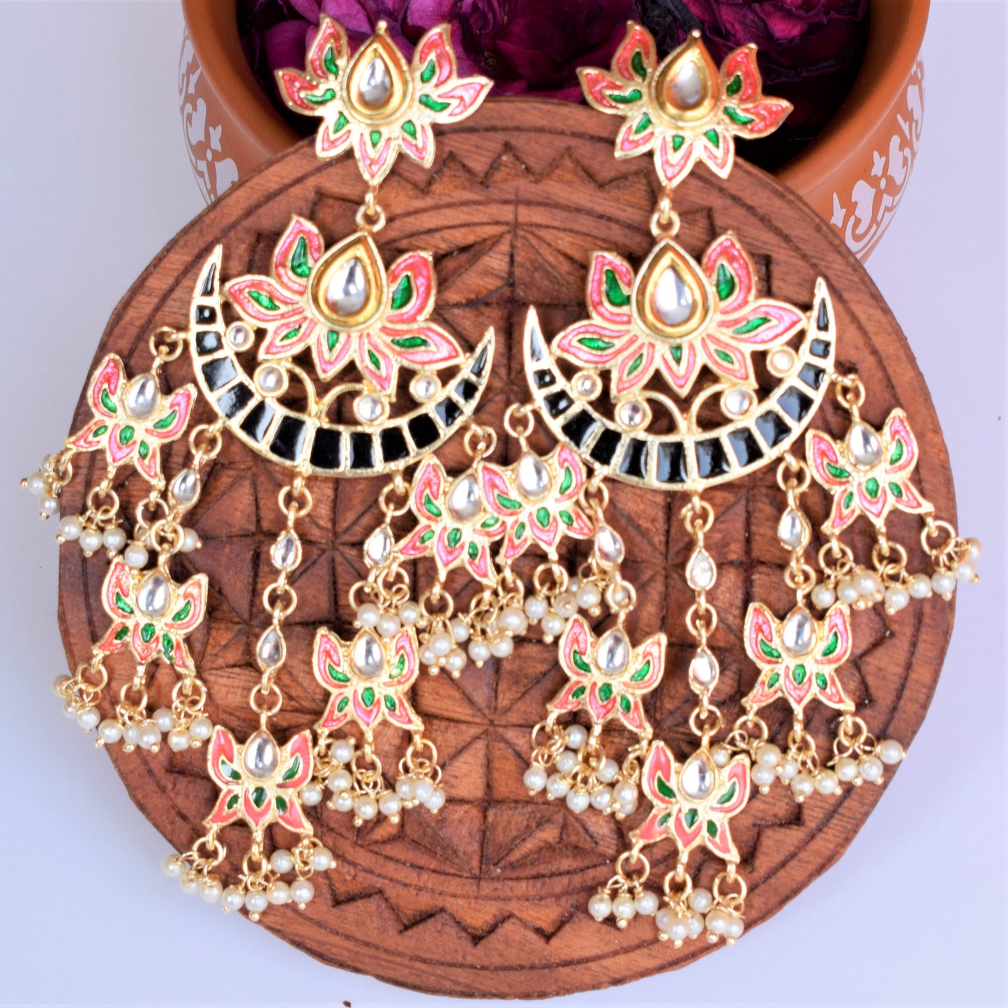 Pink and Black Chandrika Meenakari Lotus Chandbali Earring