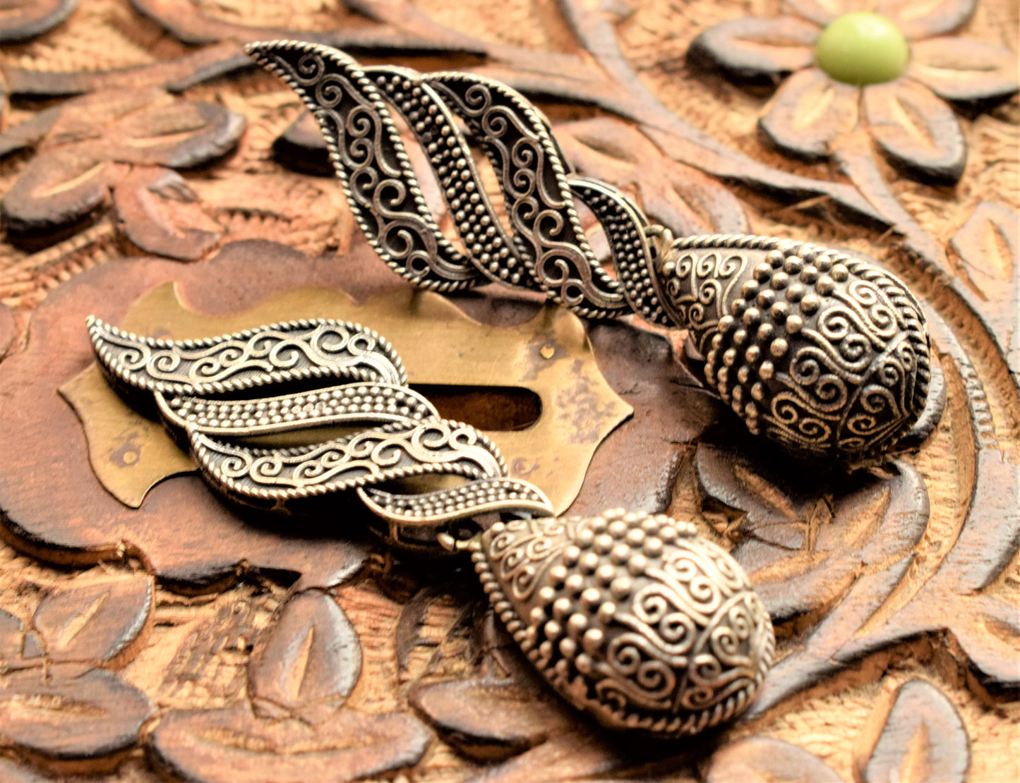 Designer German Silver Carved Drop Earring
