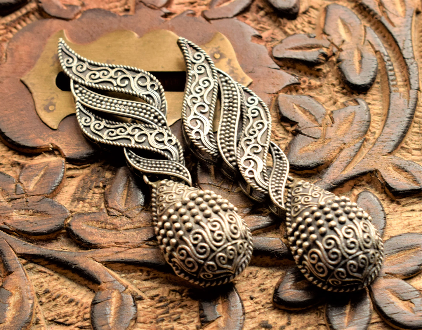 Designer German Silver Carved Drop Earring