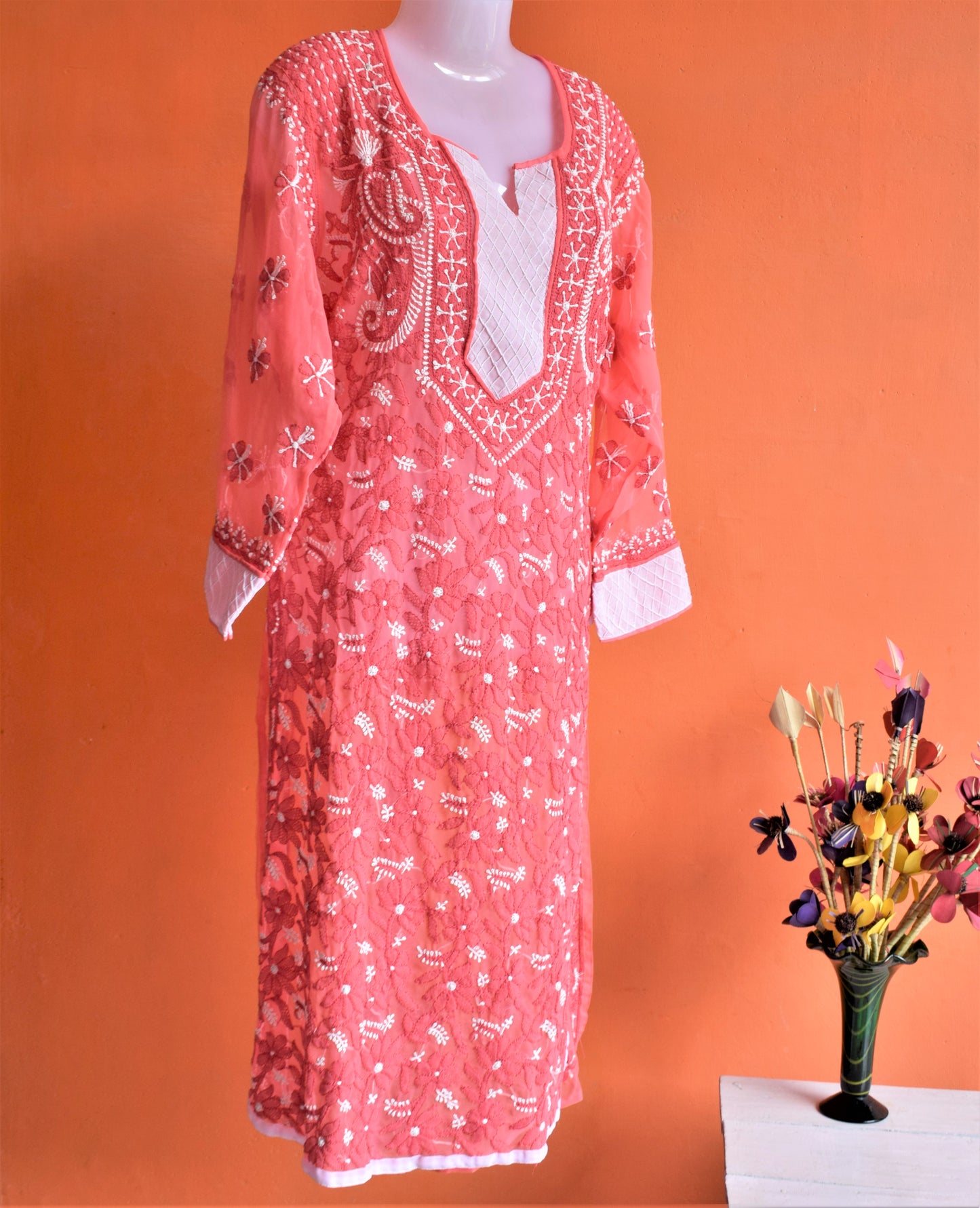 Coral Pink and White Full Chikan Embroidery Kurti