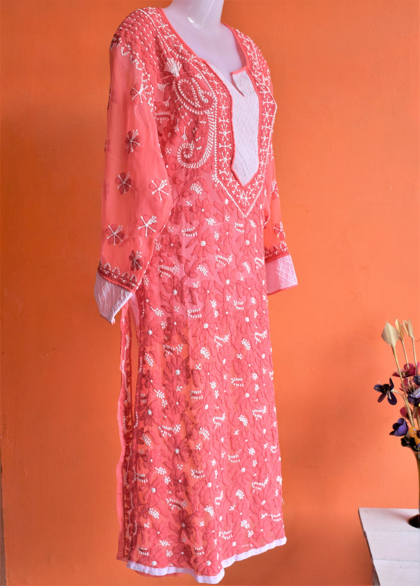 Coral Pink and White Full Chikan Embroidery Kurti