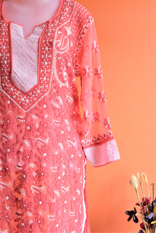 Coral Pink and White Full Chikan Embroidery Kurti