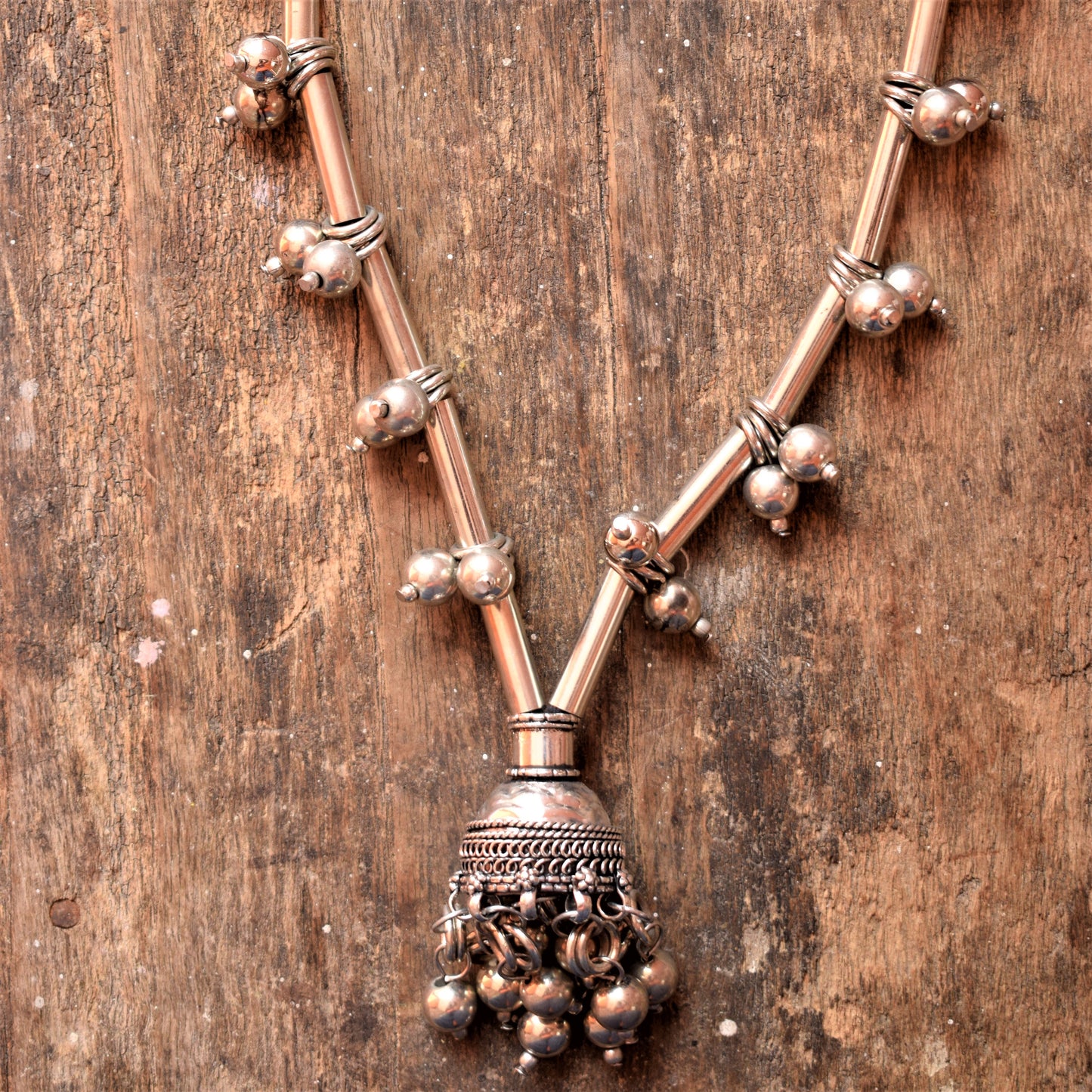 Long German Silver Jhumka Necklace