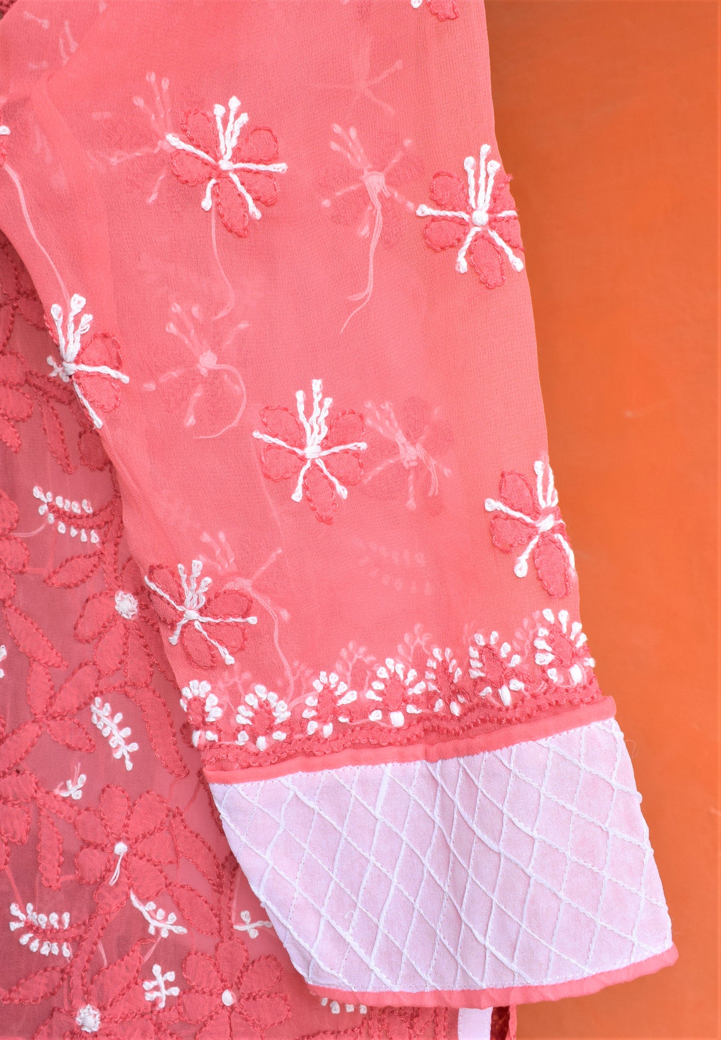 Coral Pink and White Full Chikan Embroidery Kurti