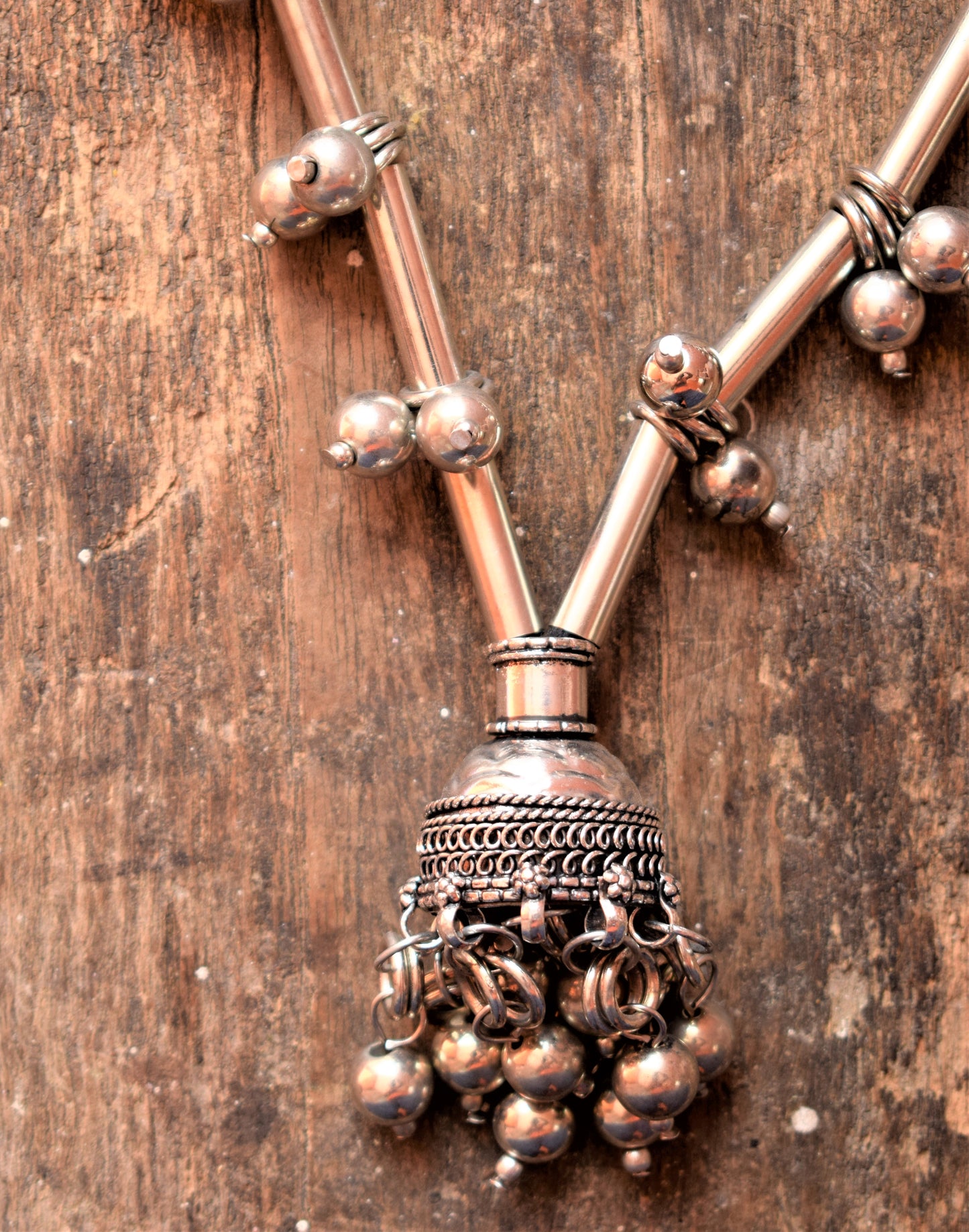 Long German Silver Jhumka Necklace