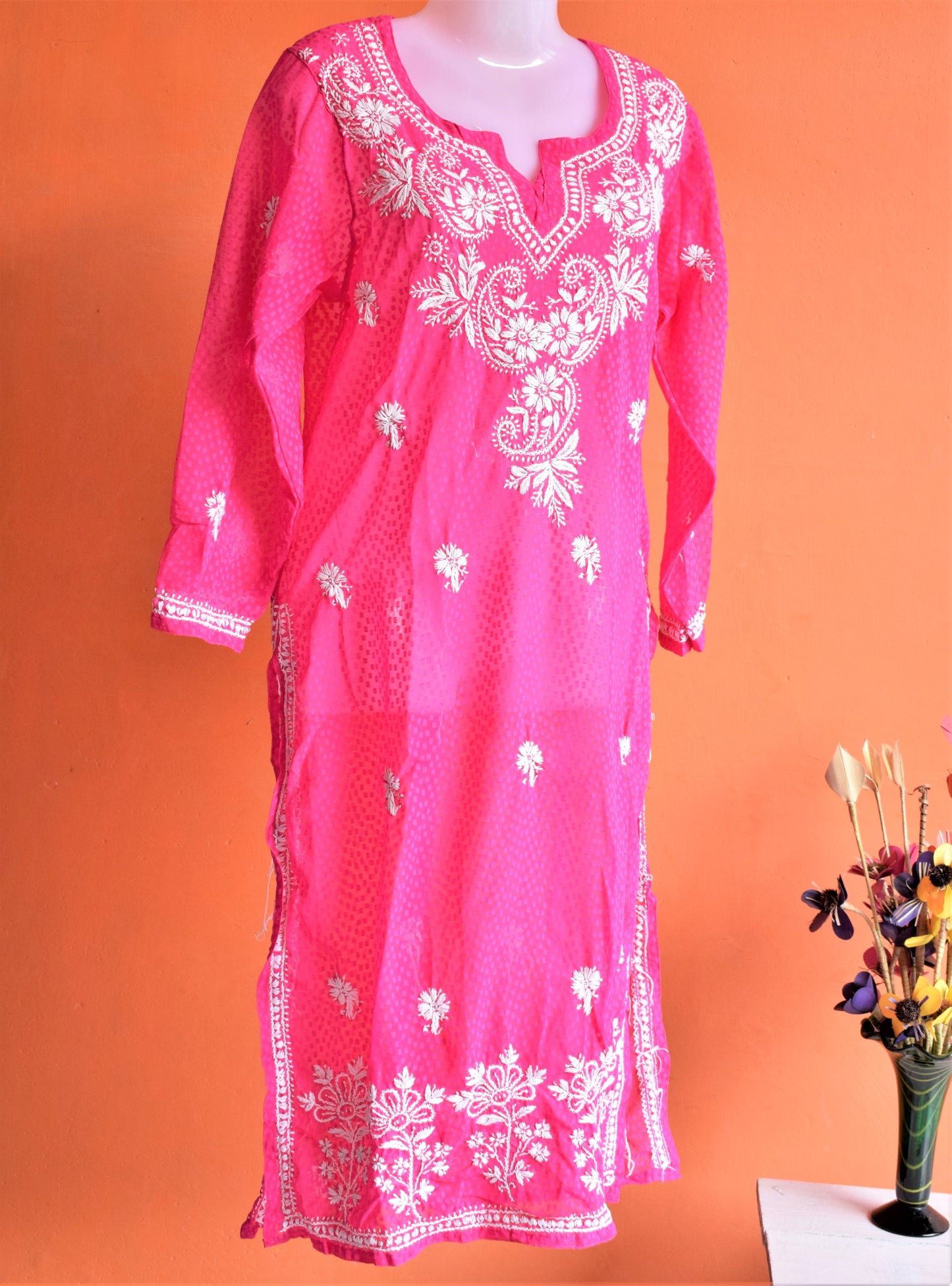 Hot Pink Jacquard Pure Georgette Chikan Kurti