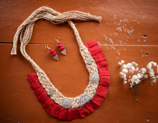 Red Karmachakra Boho Jute Fabric Necklace