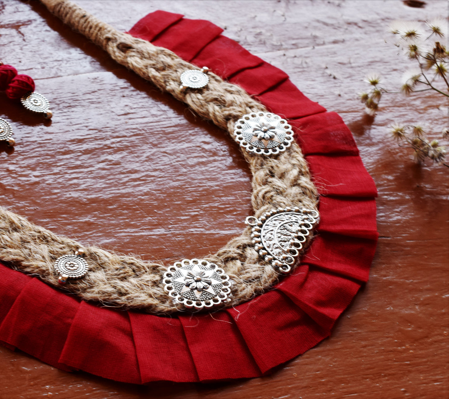 Red Karmachakra Boho Jute Fabric Necklace