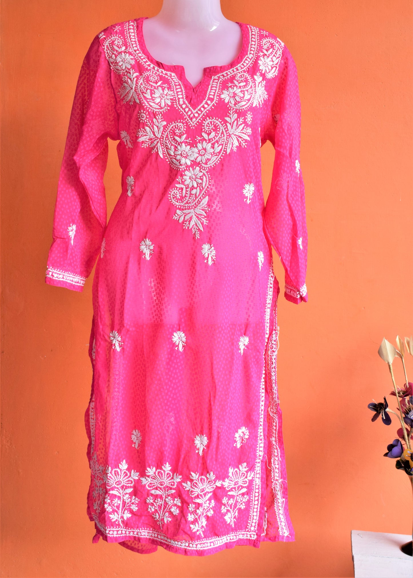 Hot Pink Jacquard Pure Georgette Chikan Kurti