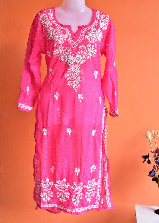 Hot Pink Jacquard Pure Georgette Chikan Kurti