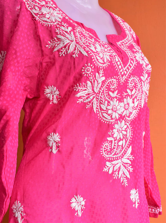 Hot Pink Jacquard Pure Georgette Chikan Kurti