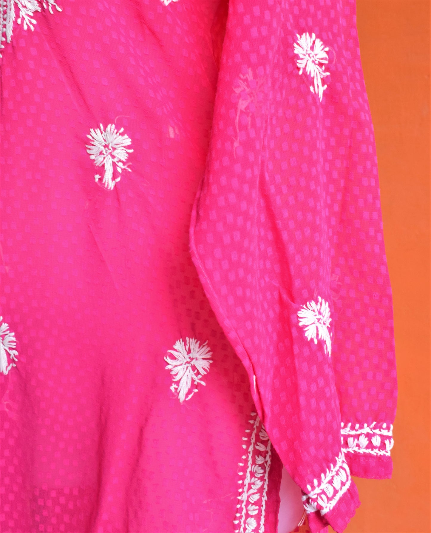Hot Pink Jacquard Pure Georgette Chikan Kurti
