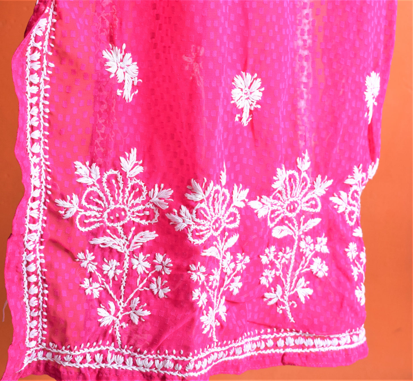 Hot Pink Jacquard Pure Georgette Chikan Kurti