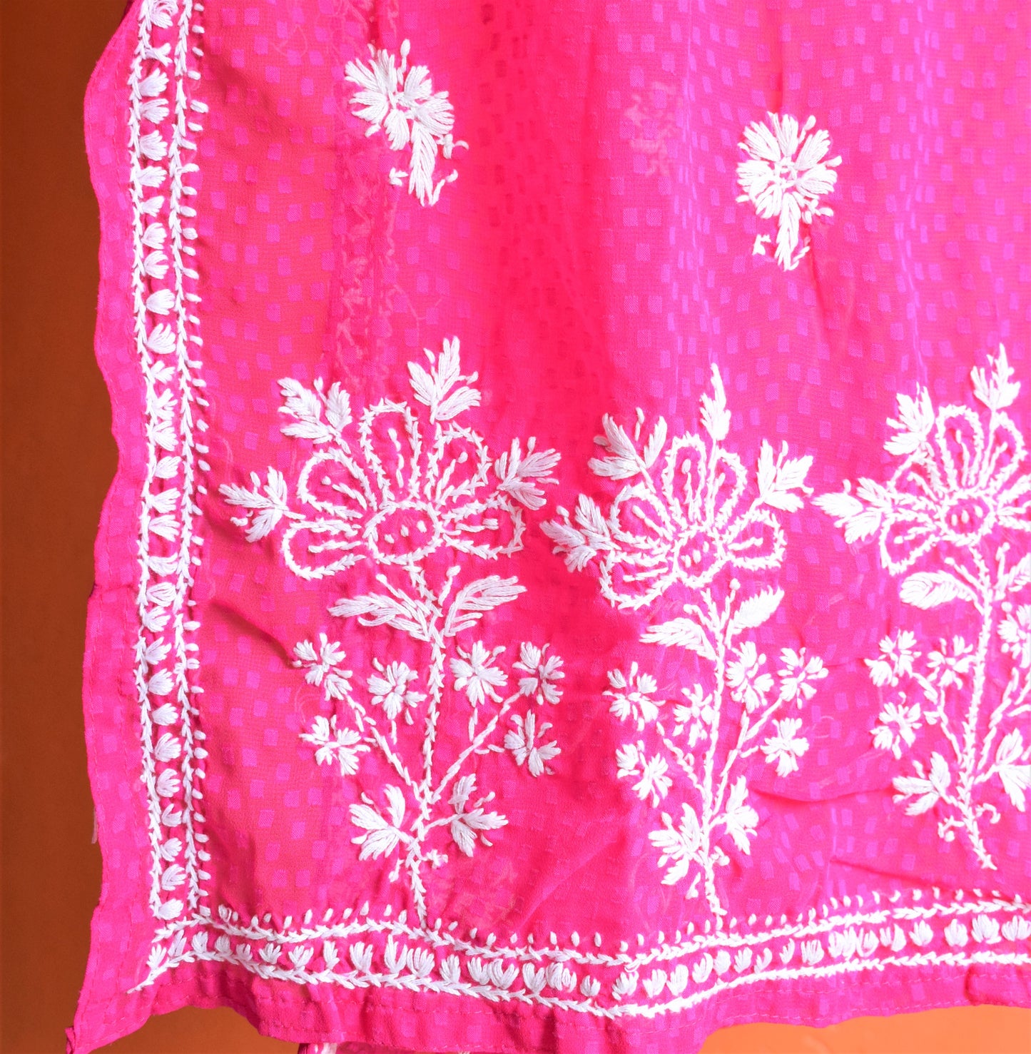 Hot Pink Jacquard Pure Georgette Chikan Kurti