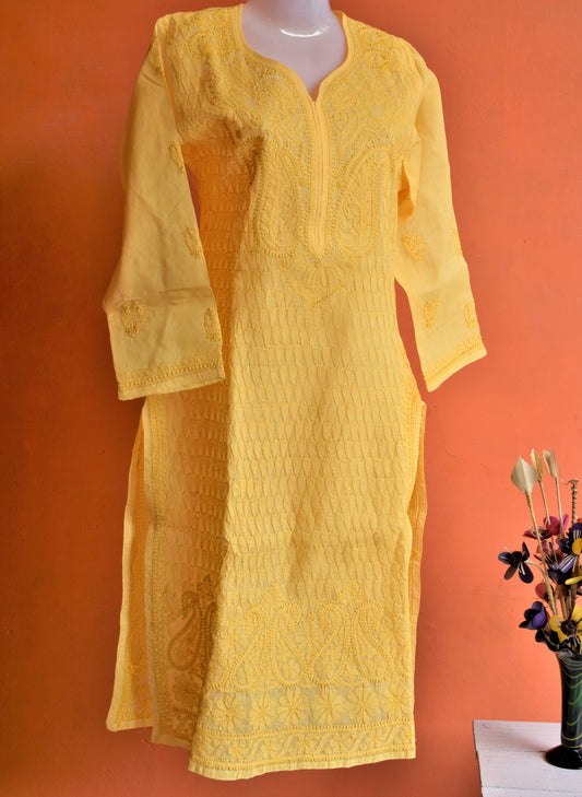 Pure Cotton Yellow Kurti with Chikan Embroidery