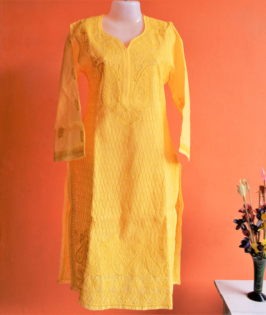 Pure Cotton Yellow Kurti with Chikan Embroidery