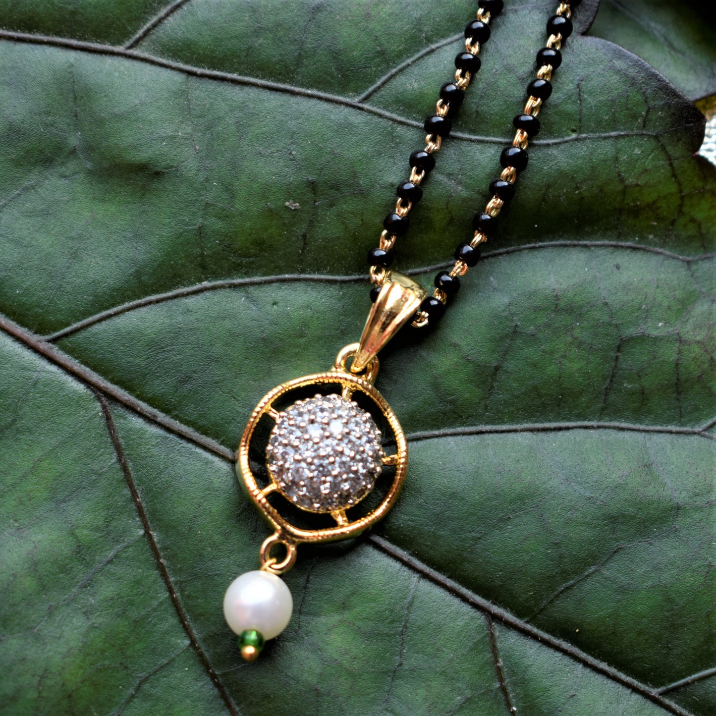 AD Crystal Ring Pearl Pendant Mangalsutra with Earrings