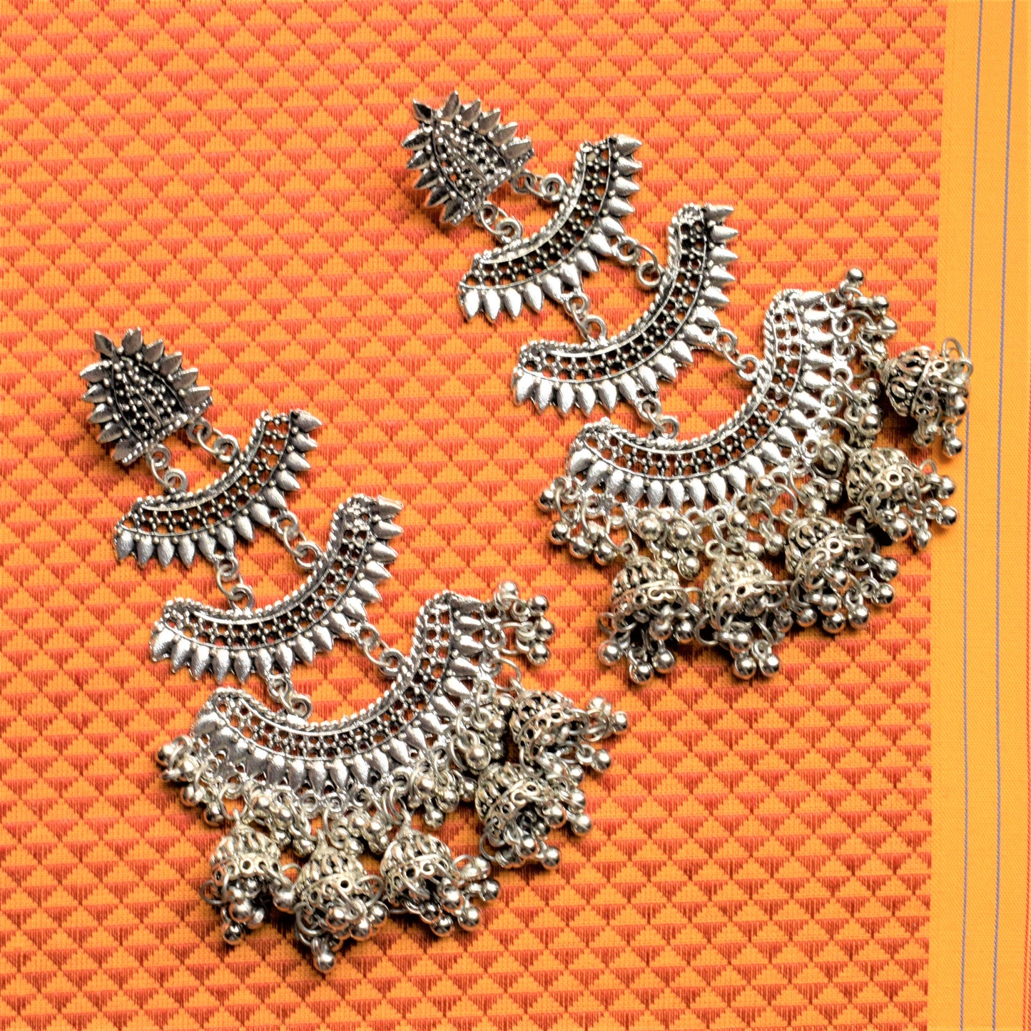 Silver and Golden Oxidised German Silver Layered Jhumka Chandbali