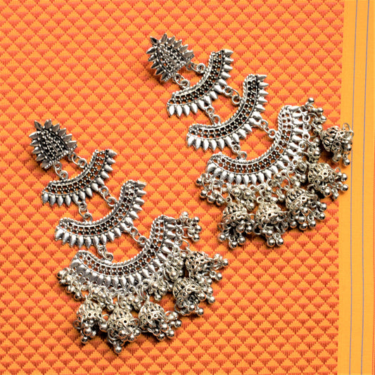 Silver and Golden Oxidised German Silver Layered Jhumka Chandbali