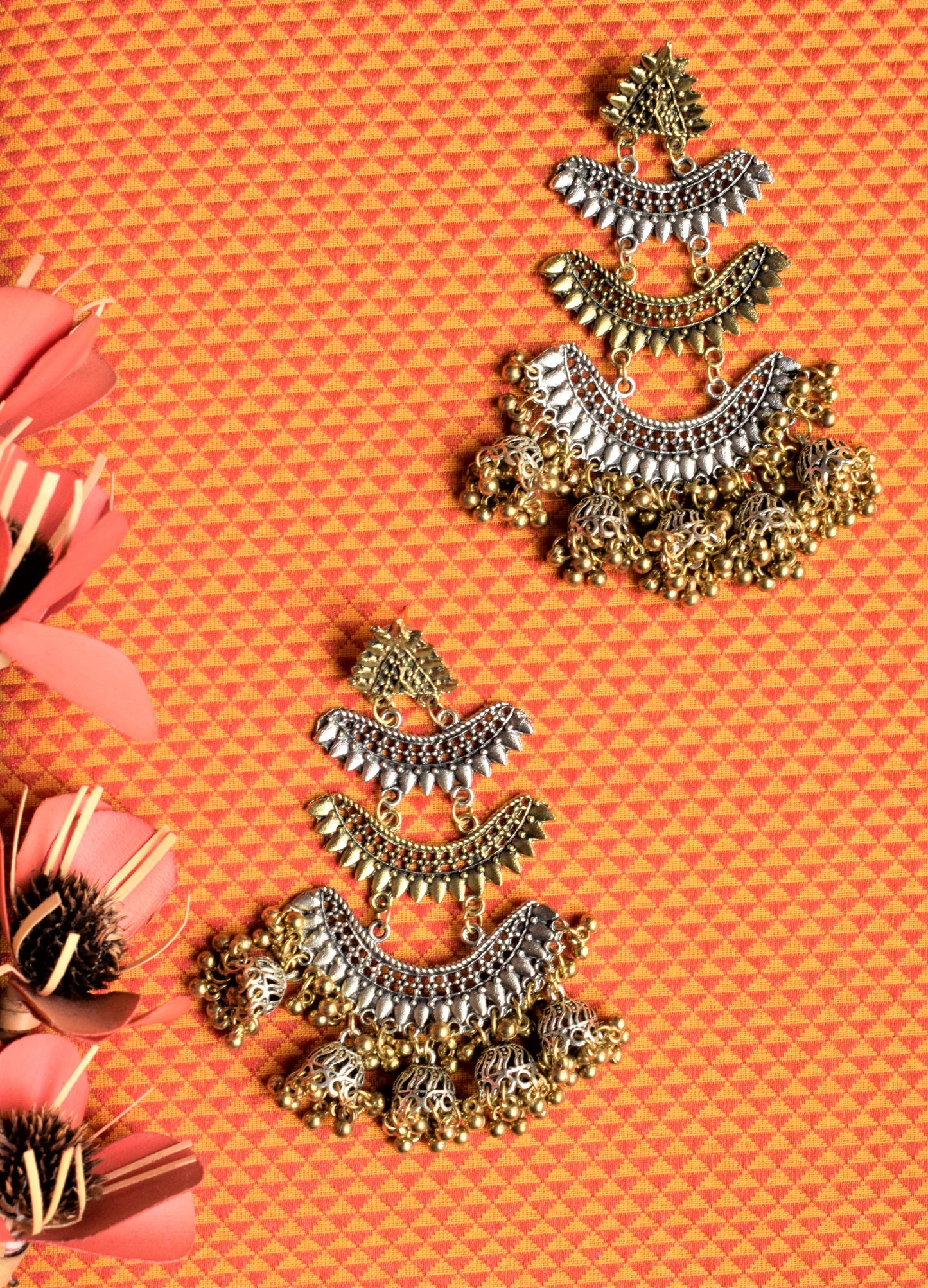 Silver and Golden Oxidised German Silver Layered Jhumka Chandbali