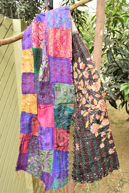 Black Floral Beauty : Multicolored Silk Kantha Stole