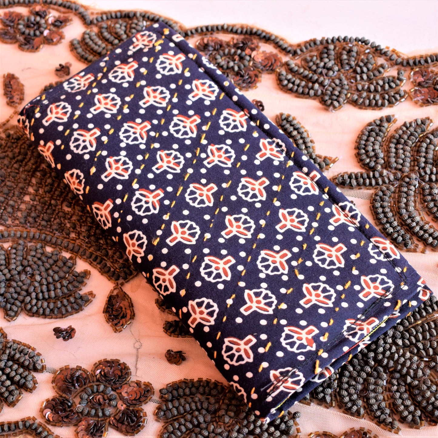 Navy Blue Handmade Katha Work Wallet