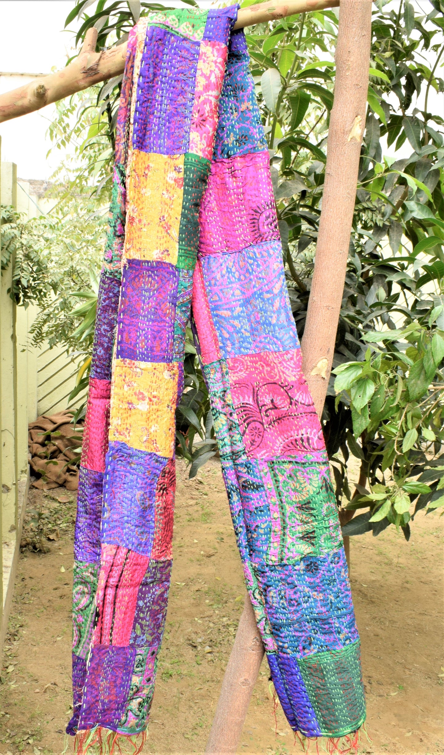 Black Floral Beauty : Multicolored Silk Kantha Stole