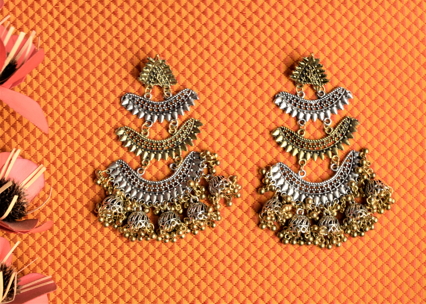 Silver and Golden Oxidised German Silver Layered Jhumka Chandbali