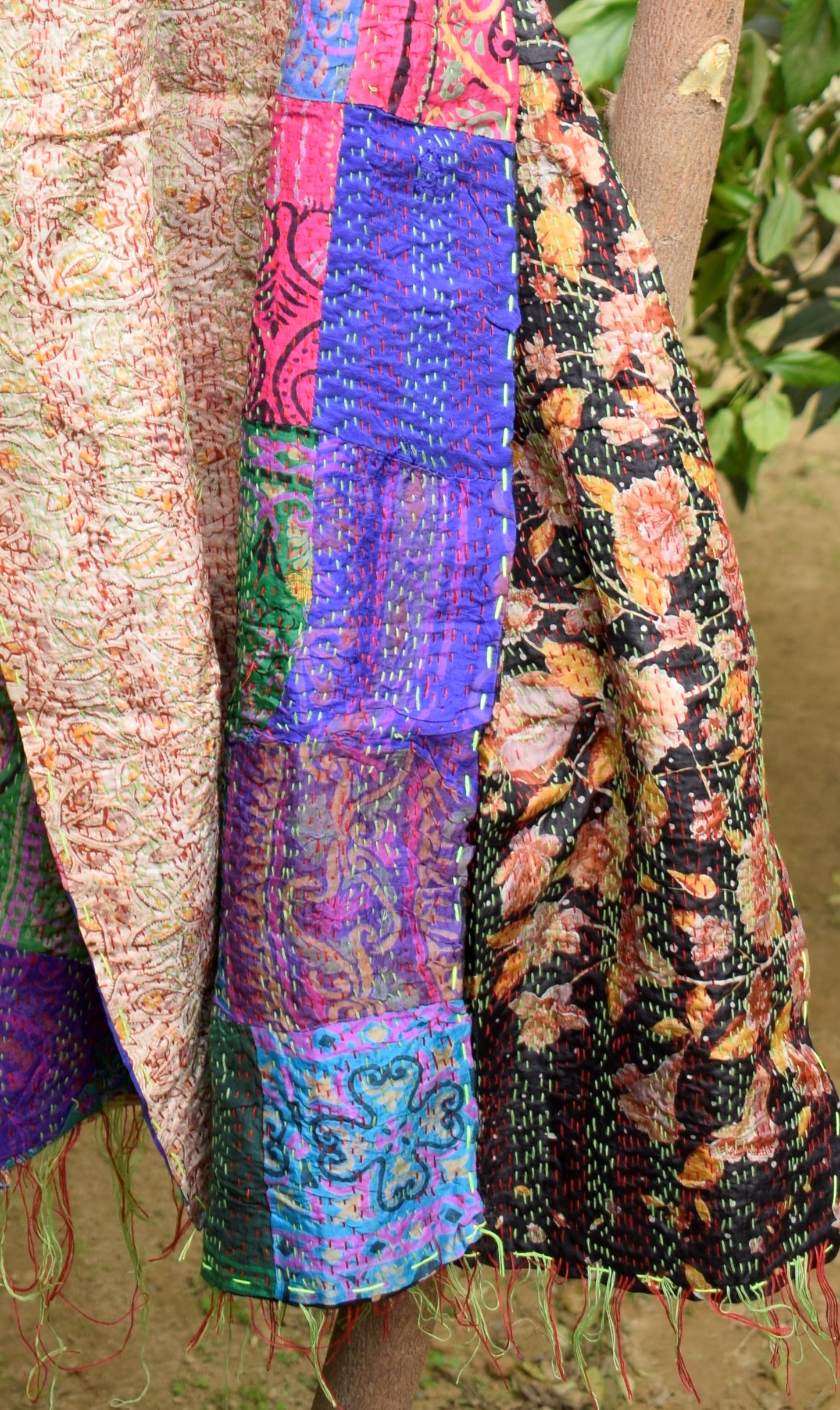 Black Floral Beauty : Multicolored Silk Kantha Stole