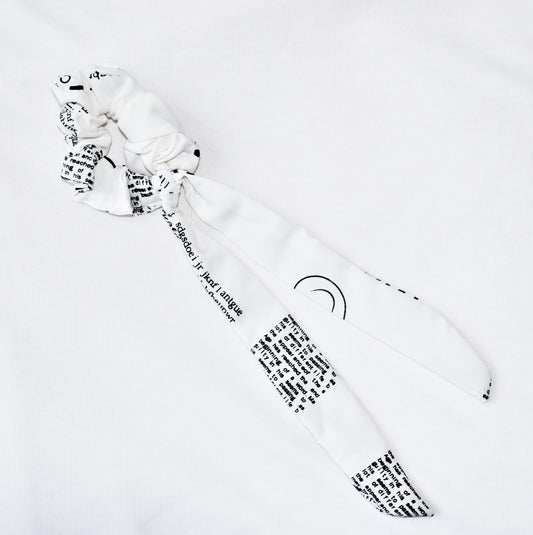 Black and White Text Printed Ribbon Scrunchie