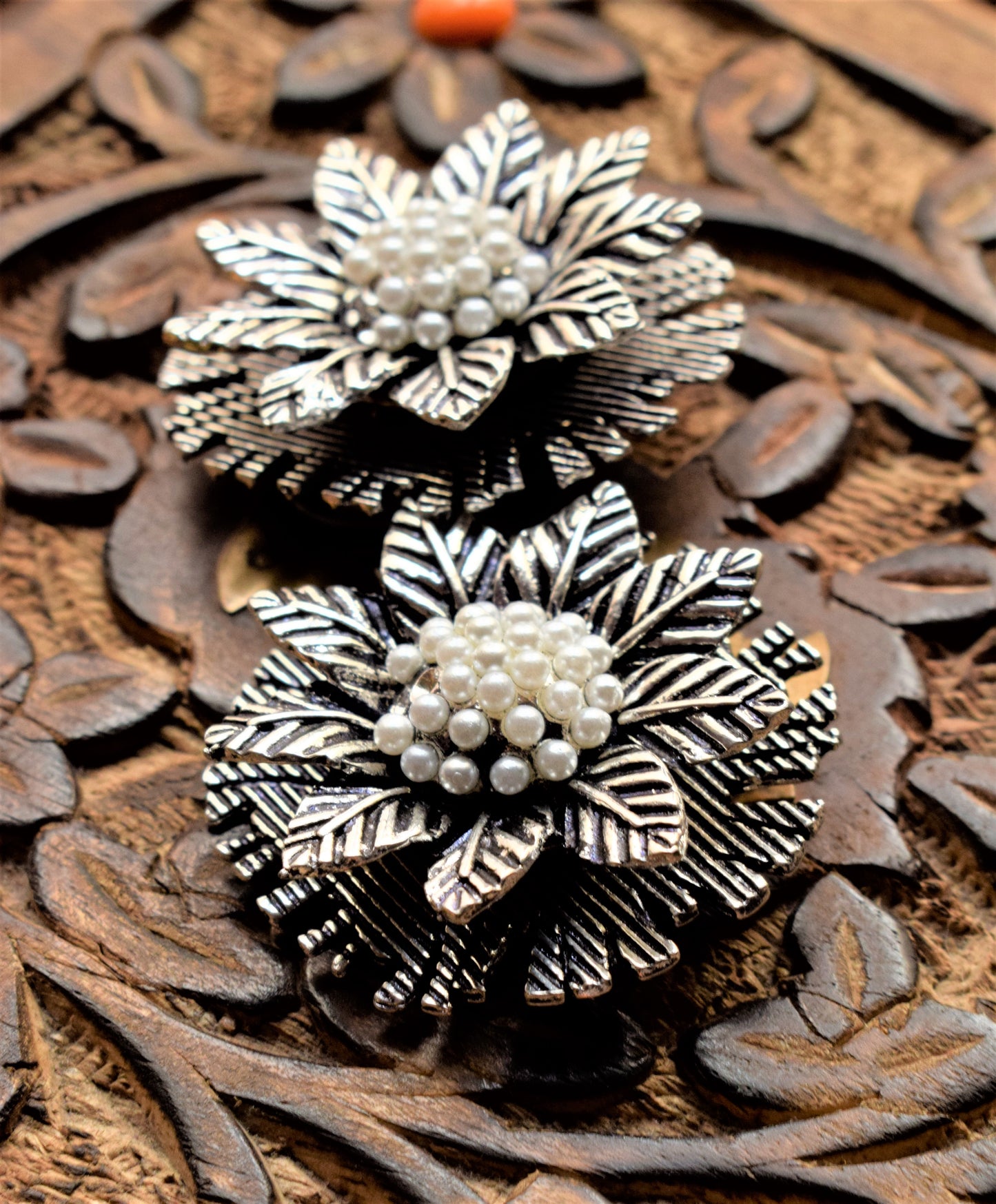 Large German Silver Flower Layered Stud