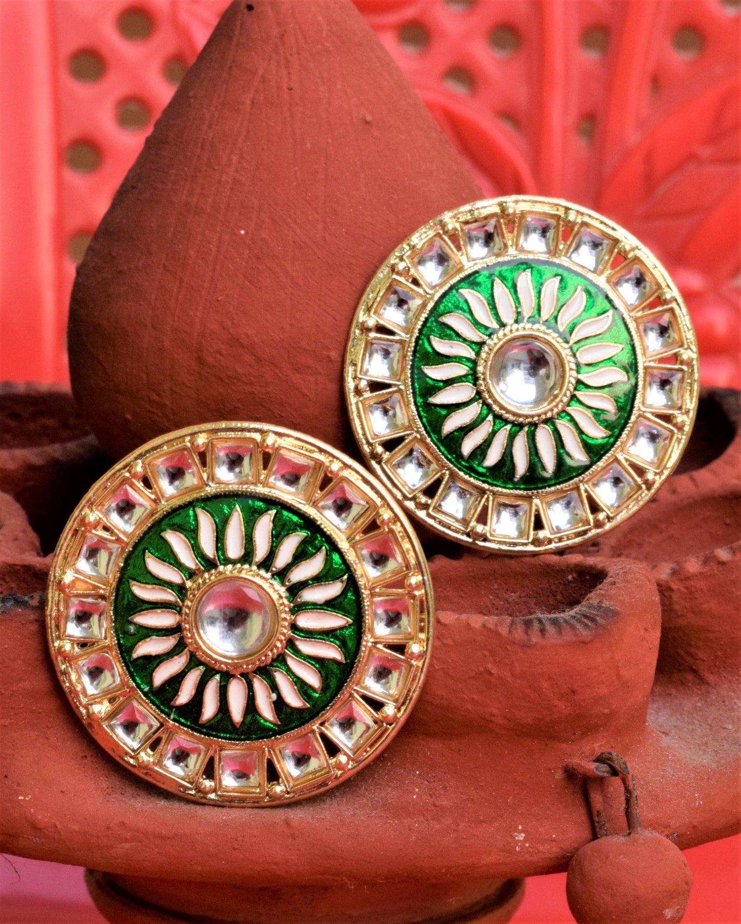 Large Round Meenakari Kundan Stud - GlitterGleam