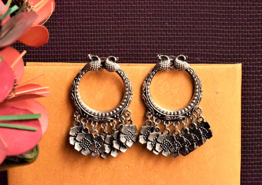 Golden and Silver Floral Peacock Hoop Earring