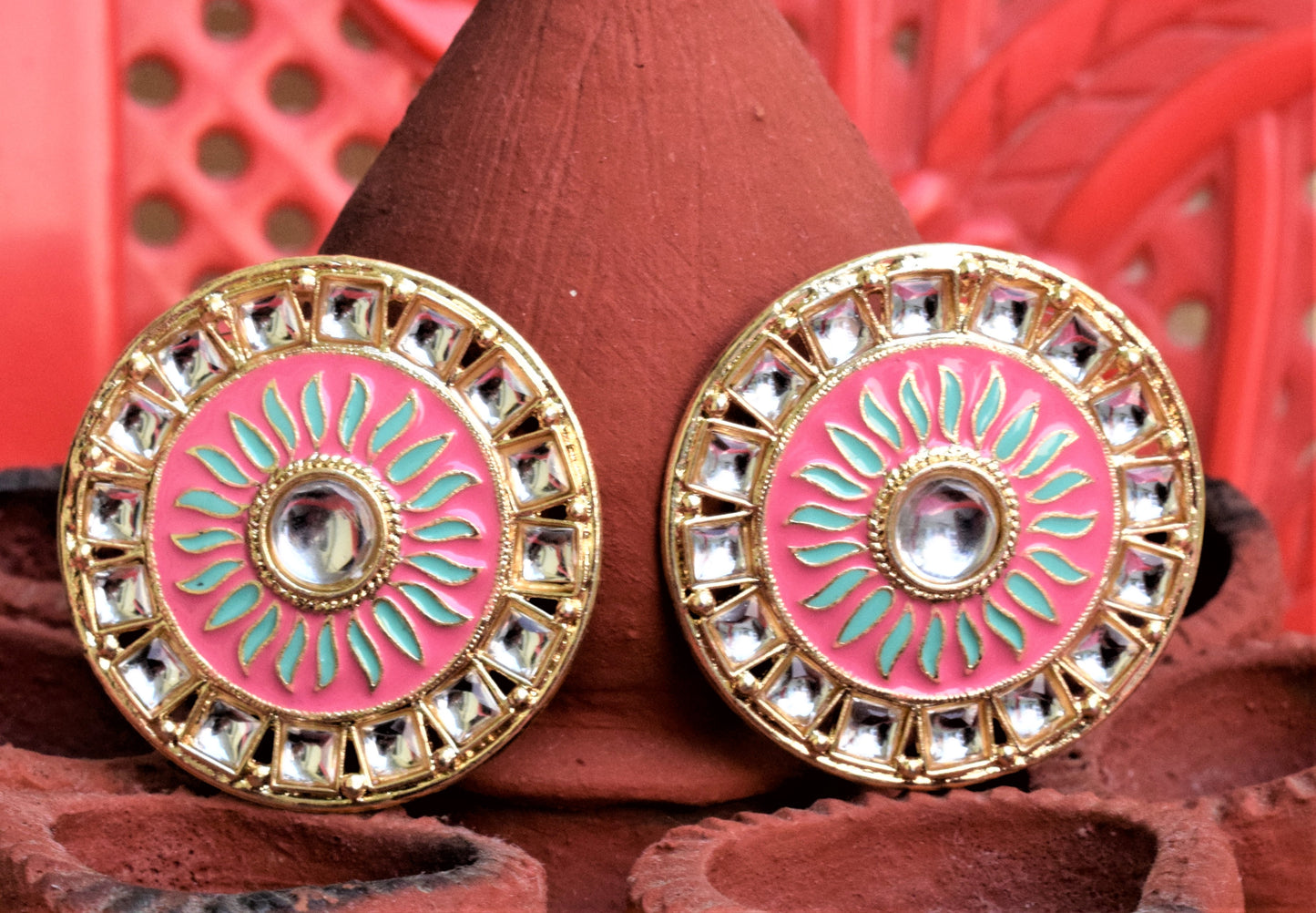 Large Round Meenakari Kundan Stud - GlitterGleam