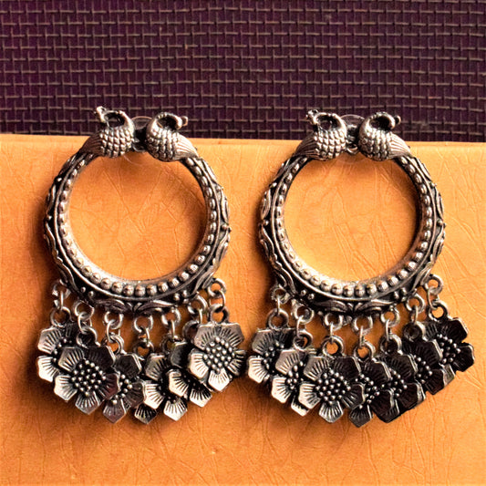 Golden and Silver Floral Peacock Hoop Earring
