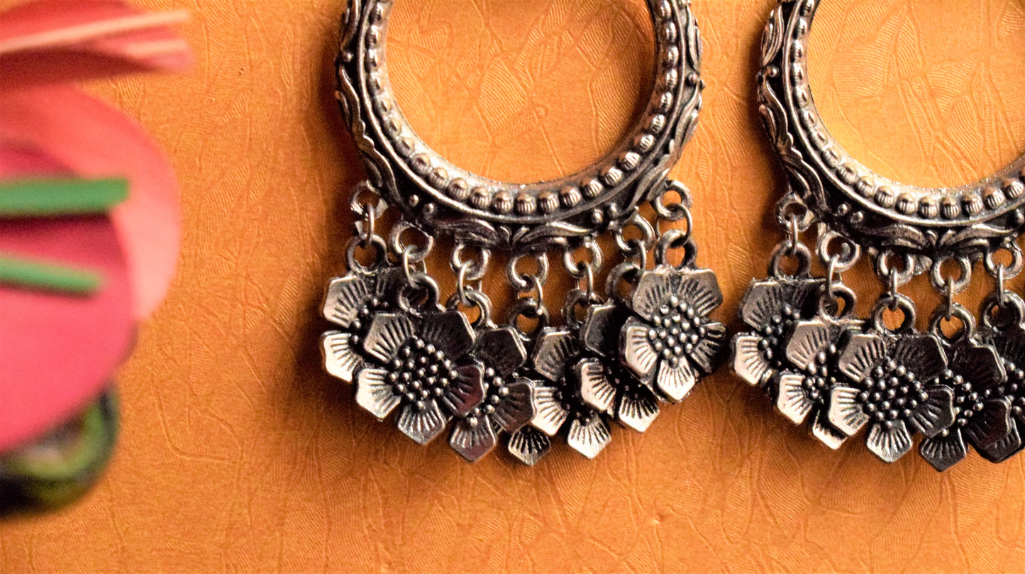 Golden and Silver Floral Peacock Hoop Earring