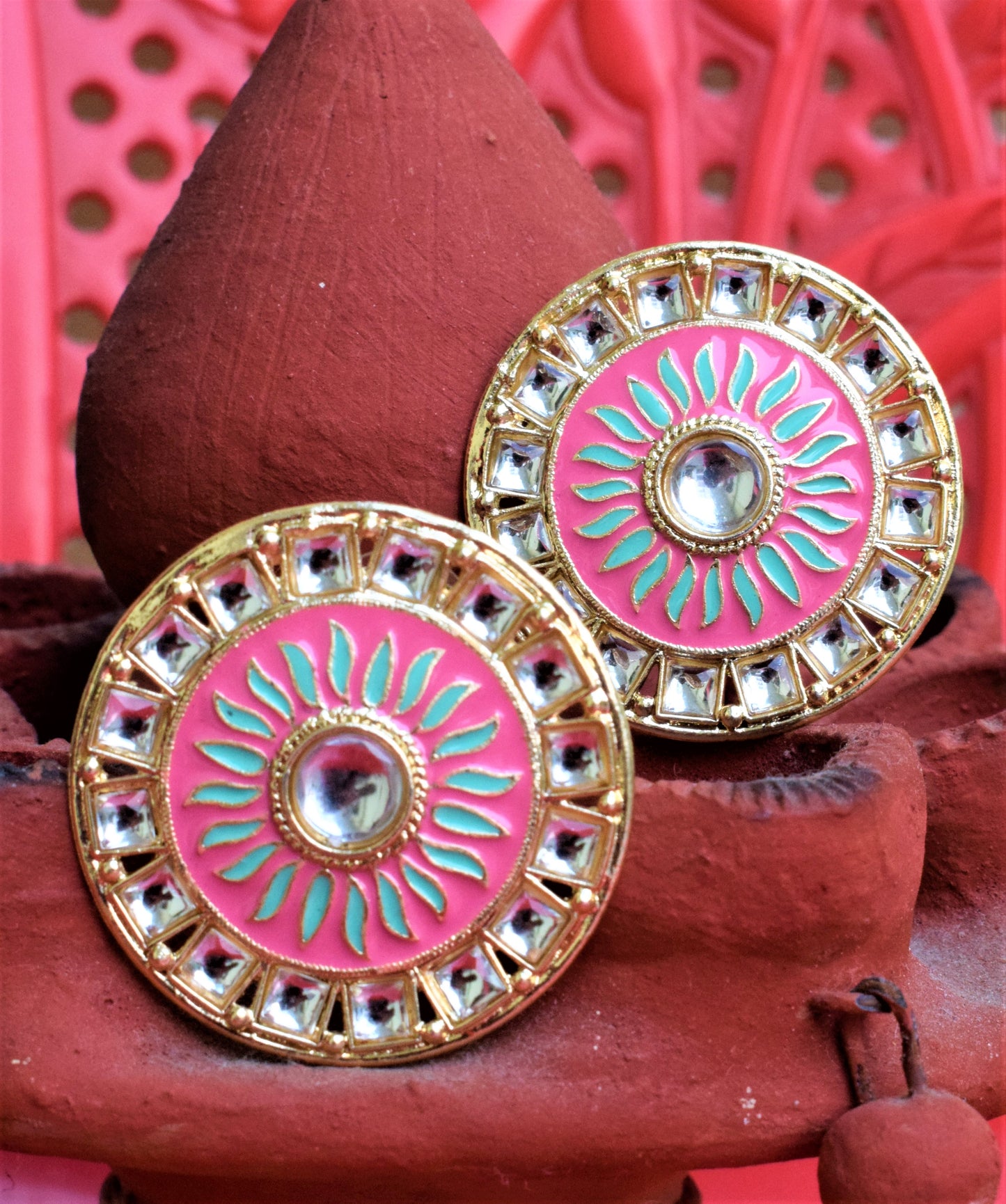 Large Round Meenakari Kundan Stud - GlitterGleam