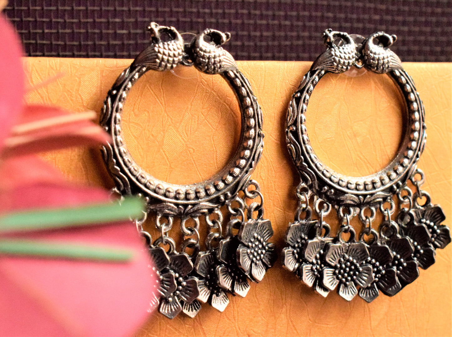 Golden and Silver Floral Peacock Hoop Earring