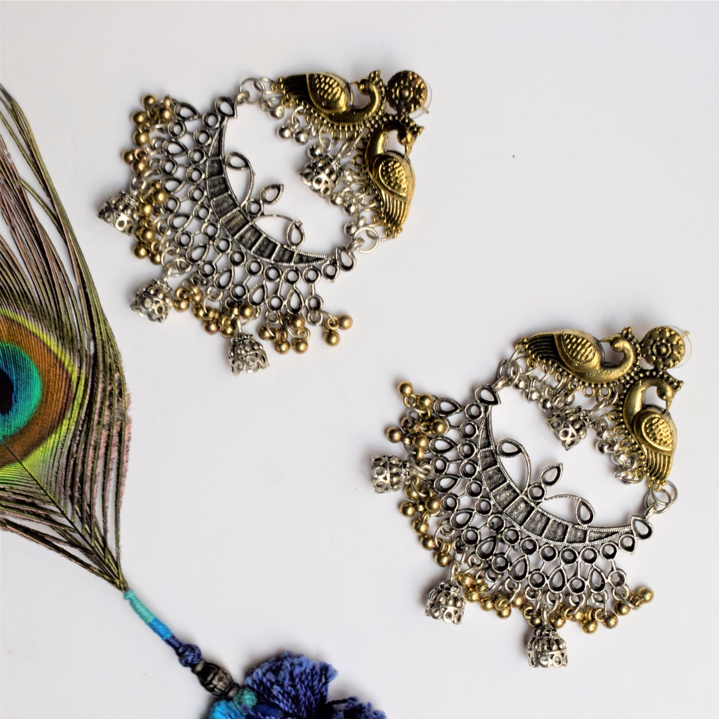 Large German Silver and Golden Peacock Chandbali