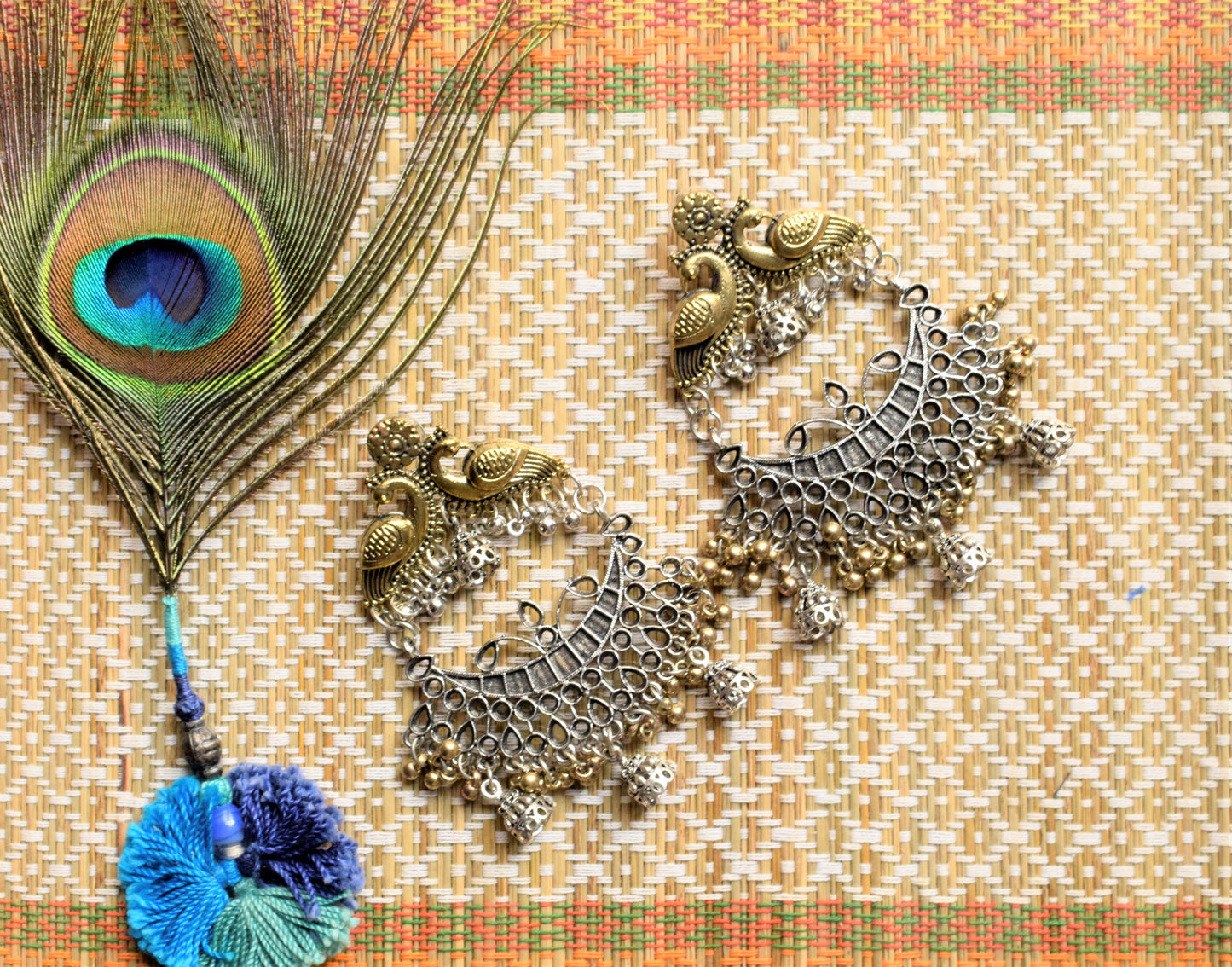 Large German Silver and Golden Peacock Chandbali