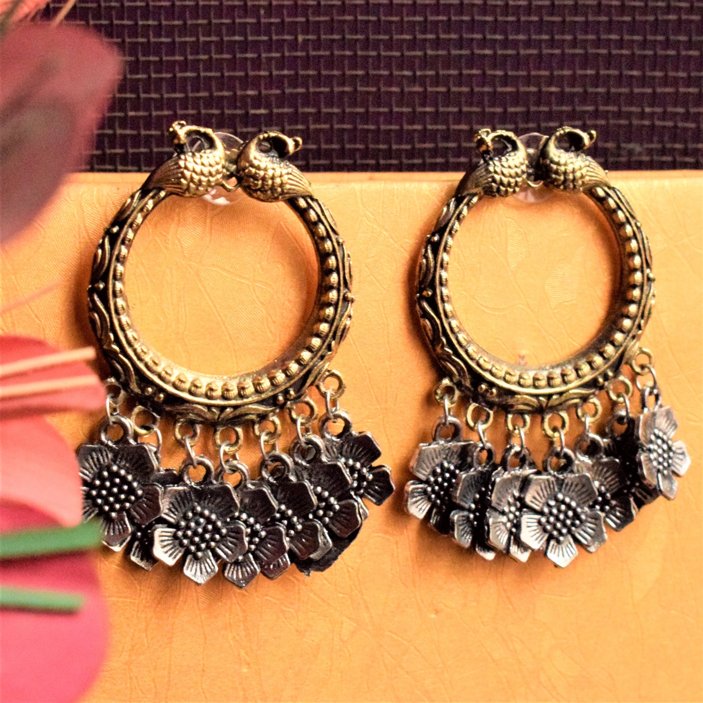 Golden and Silver Floral Peacock Hoop Earring