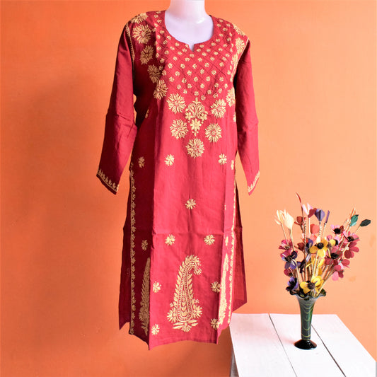 Floral Neck Work Cotton Chikan Kurti