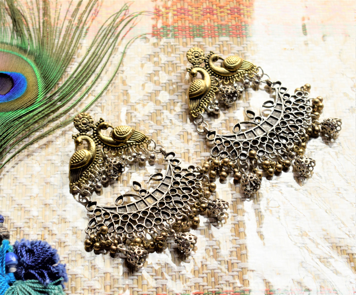 Large German Silver and Golden Peacock Chandbali