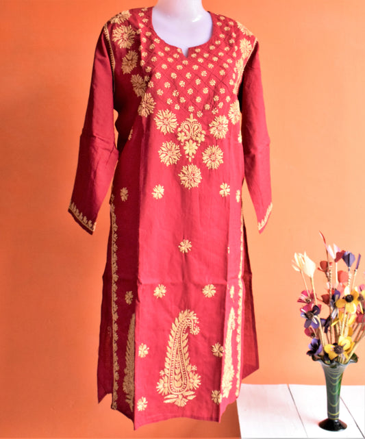 Floral Neck Work Cotton Chikan Kurti