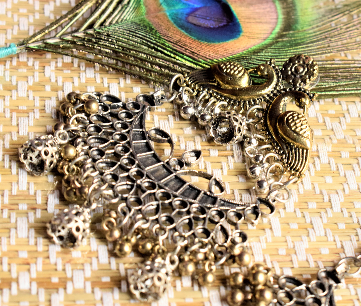 Large German Silver and Golden Peacock Chandbali