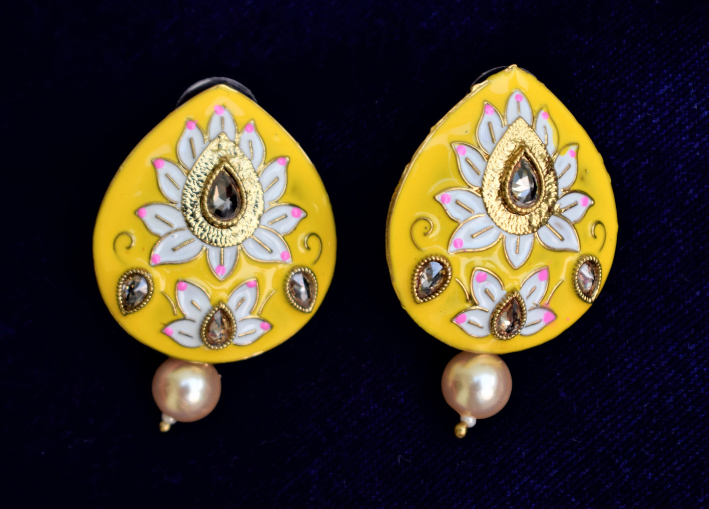 Kundan Pearl Lotus Meenakari Stud - GlitterGleam