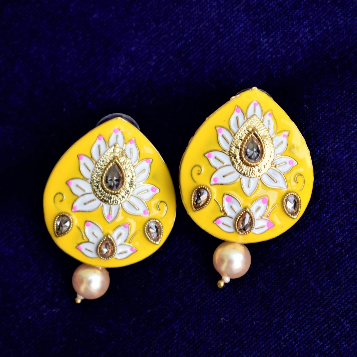 Kundan Pearl Lotus Meenakari Stud - GlitterGleam