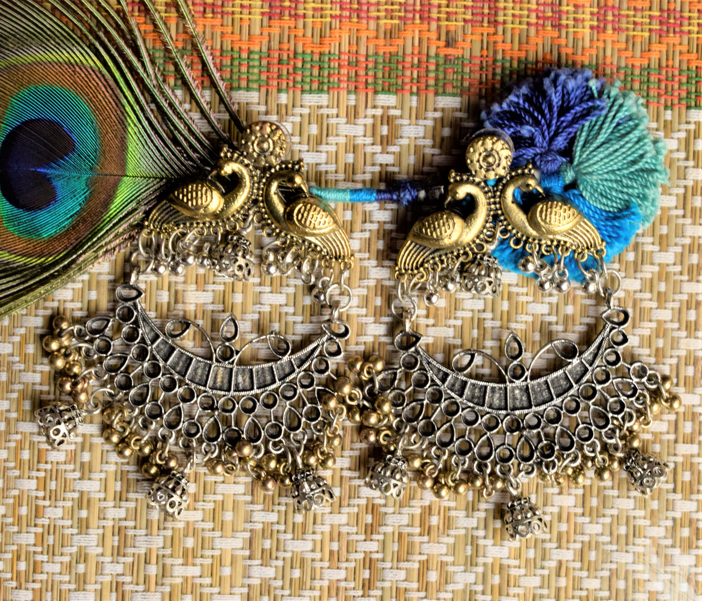 Large German Silver and Golden Peacock Chandbali